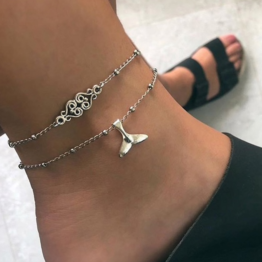 Boho Fish Tail Heart Charm Anklet/Bracelet Set